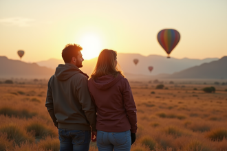 Couple en randonnée regardant un ballon dans le ciel au lever du soleil