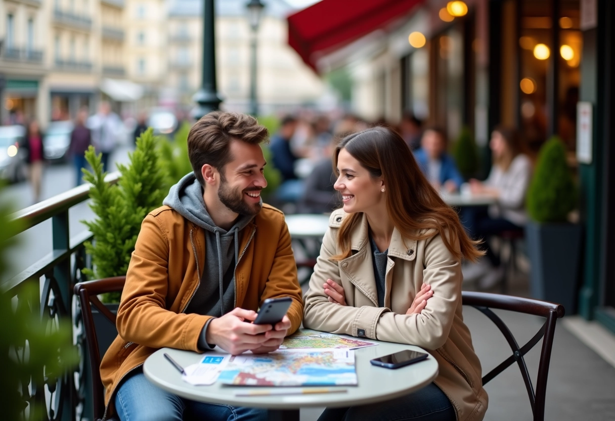 Jeune couple au café parisien avec brochures et smartphone