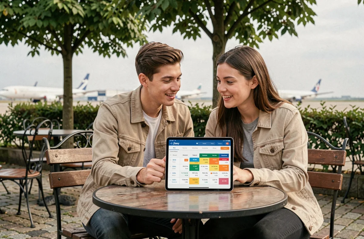 Couple consultant un calendrier de prix de vols sur une tablette en terrasse de café près d'un aéroport