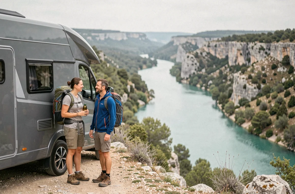 Couple en camping-car contemplant le panorama sur la rivière Ardèche depuis un belvédère naturel