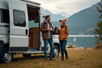 Couple souriant partageant un café près de leur van au bord du lac