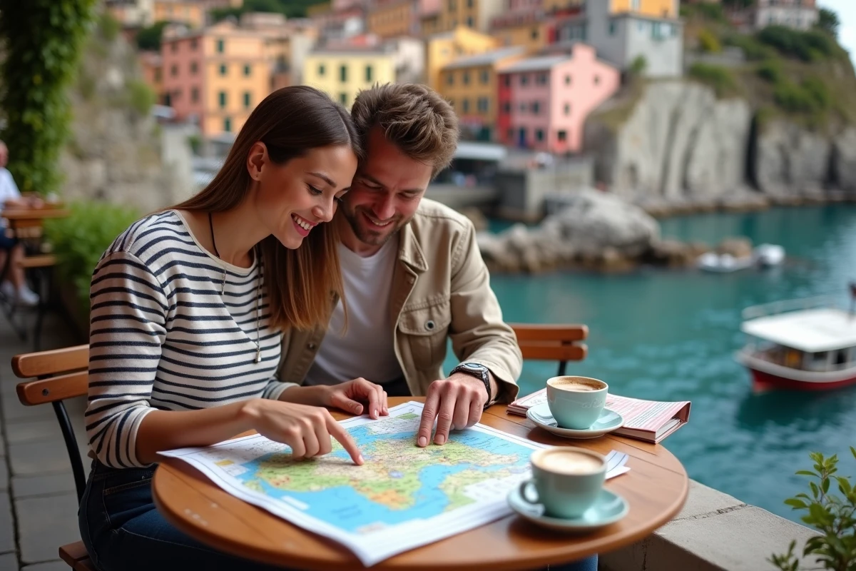 Couple planifiant leur itinéraire avec une carte des Cinque Terre dans un café de Manarola en Italie