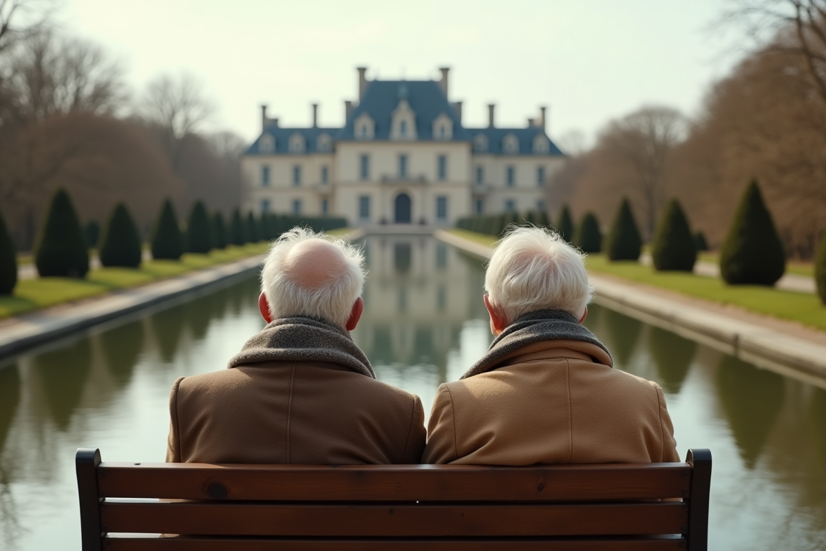 Couple âgé admirant le château au bord d’un étang