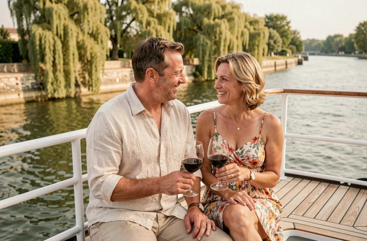 Couple profitant d'un verre de vin sur le pont d'un bateau de croisière sur la Garonne