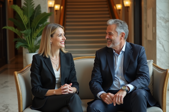 Couple en tenue élégante dans un lobby de luxe