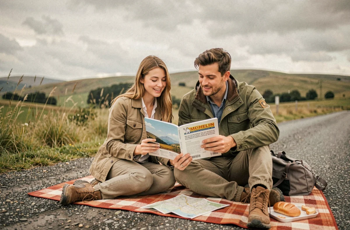 Couple consultant un guide MICHELIN et une carte routière lors d'une pause en pleine nature pendant un road trip