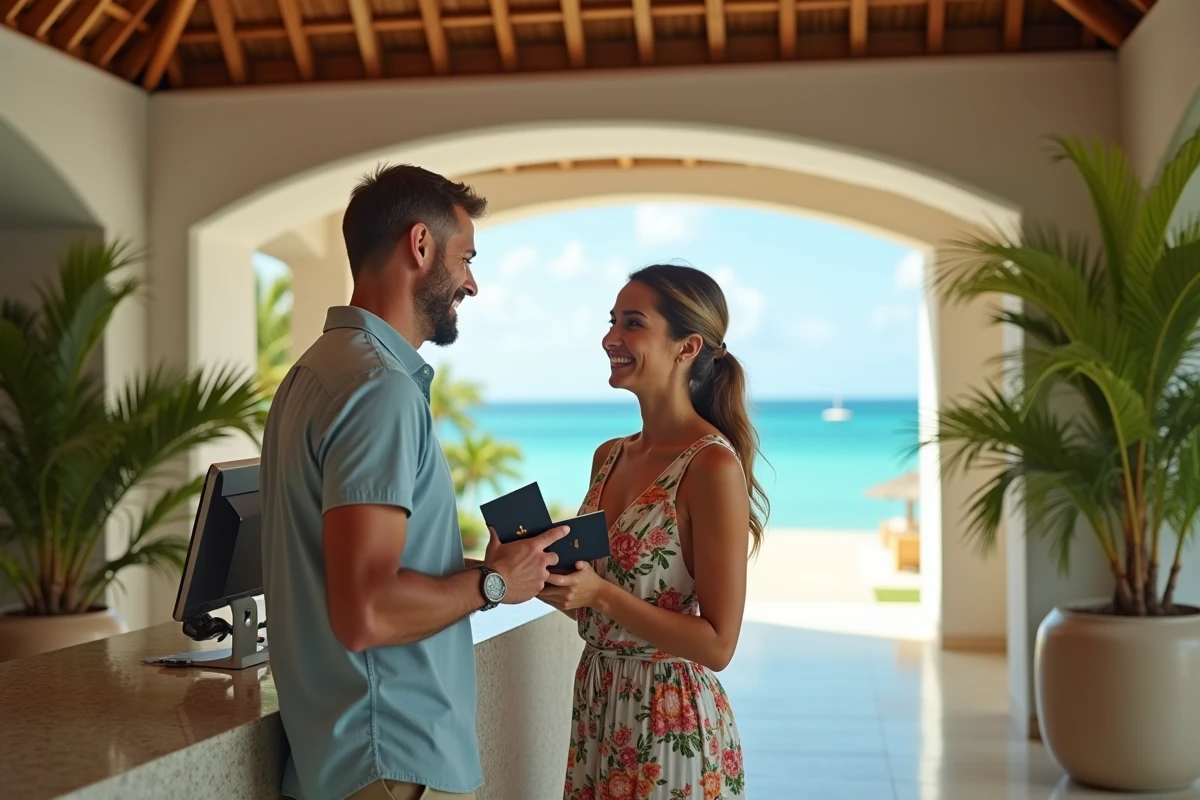 Couple en enregistrement dans un hôtel tout inclus en République Dominicaine lors d'un voyage packagé depuis Lyon