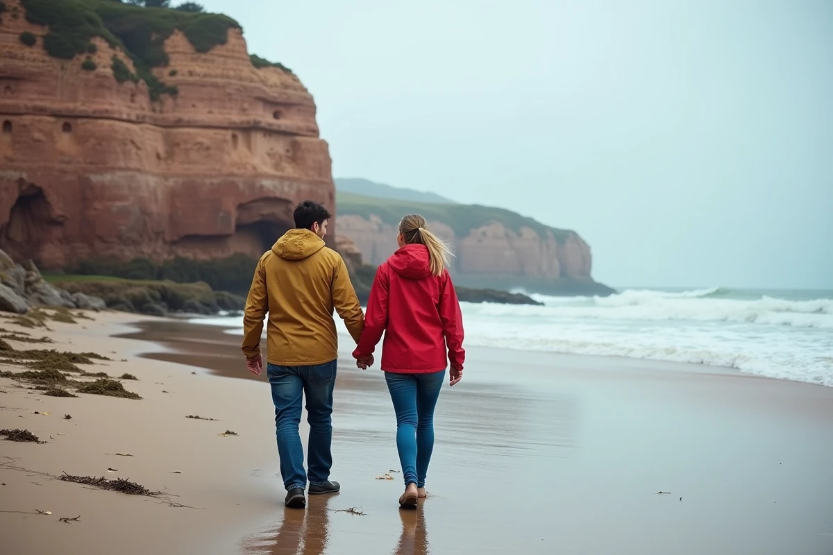 Jeune couple marche sur la plage de granit rose