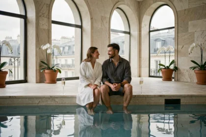 Couple en peignoir au bord d'une piscine intérieure d'hôtel de luxe à Paris avec vue sur les toits haussmanniens