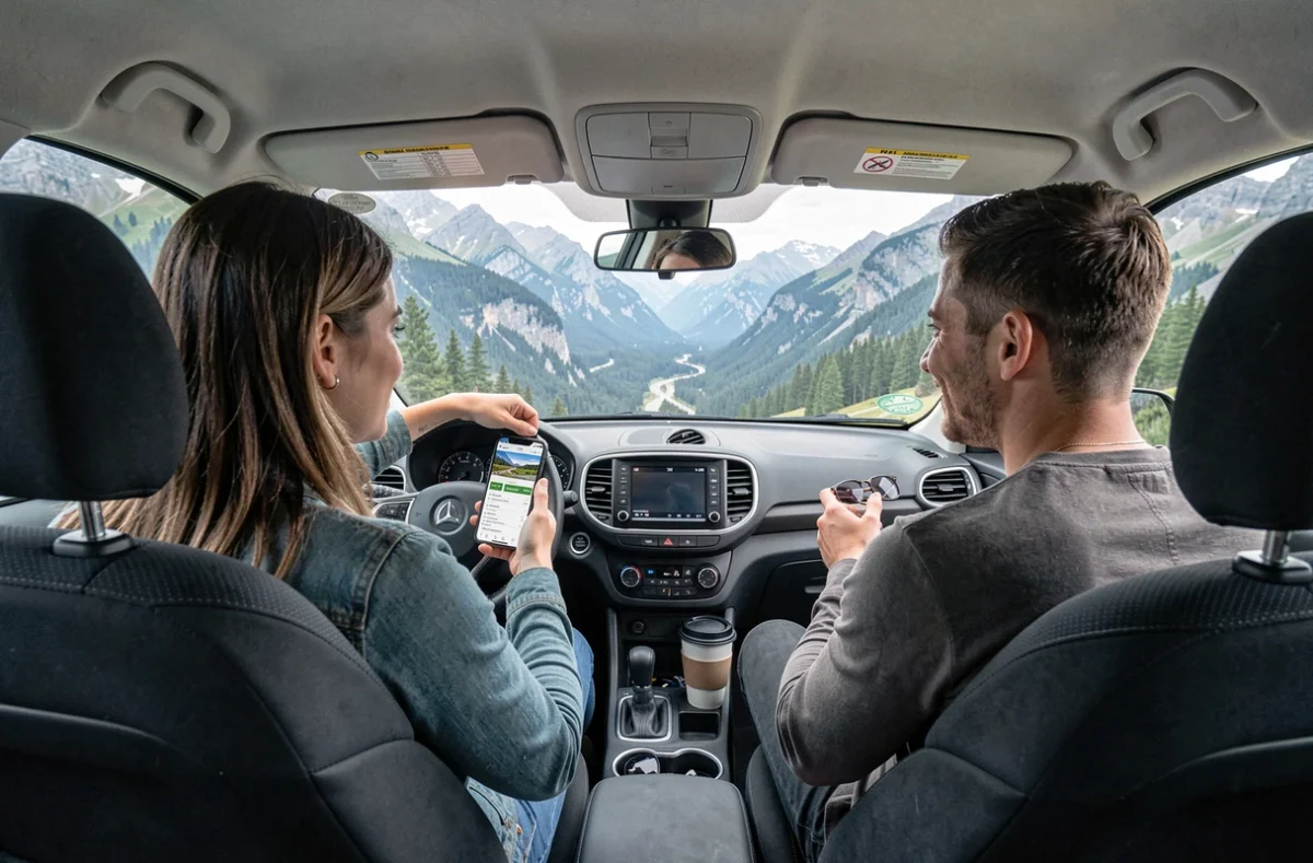 Couple planifiant leur itinéraire de road trip depuis l'intérieur d'un SUV avec vue sur une vallée de montagne