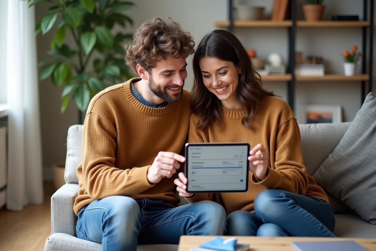Couple planifiant un voyage économique en comparant des vols sur une tablette à la maison
