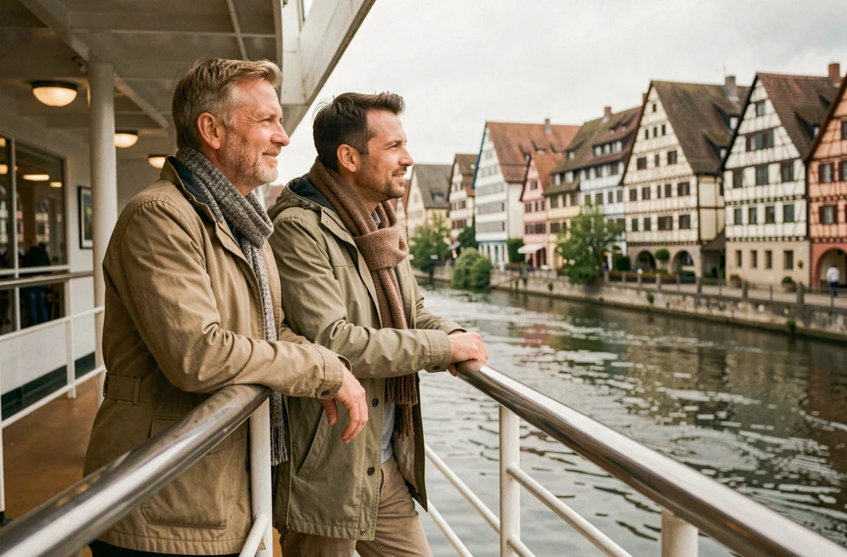 Couple sur le pont d'un bateau de croisière sur le Rhin admirant une ville allemande à colombages en bord de fleuve