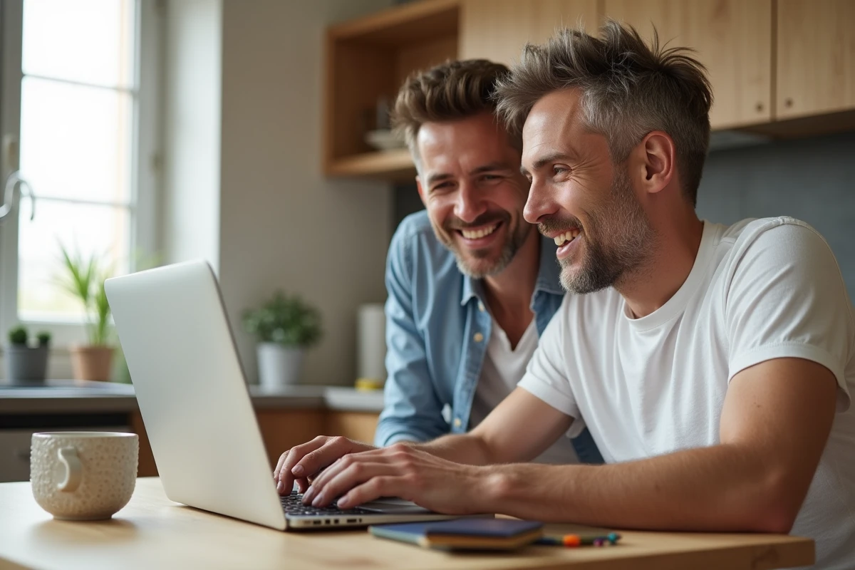 Couple recherchant des promotions voyage de dernière minute sur internet depuis leur appartement à Nantes