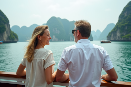 Couple français souriant sur un bateau en baie d'Halong