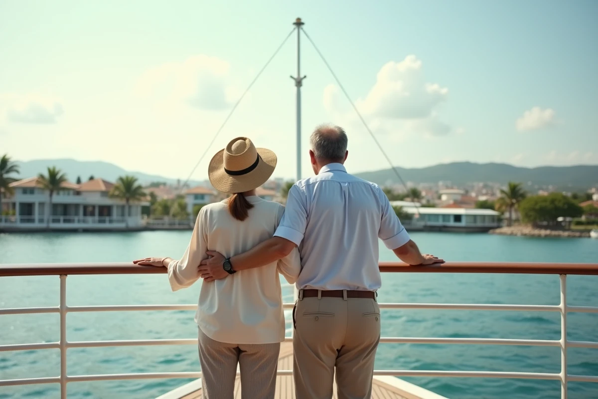 Couple de voyageurs sur le pont avant d'un paquebot de croisière longue durée admirant un port exotique au loin