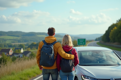 Couple regardant la vue depuis l'autoroute en France