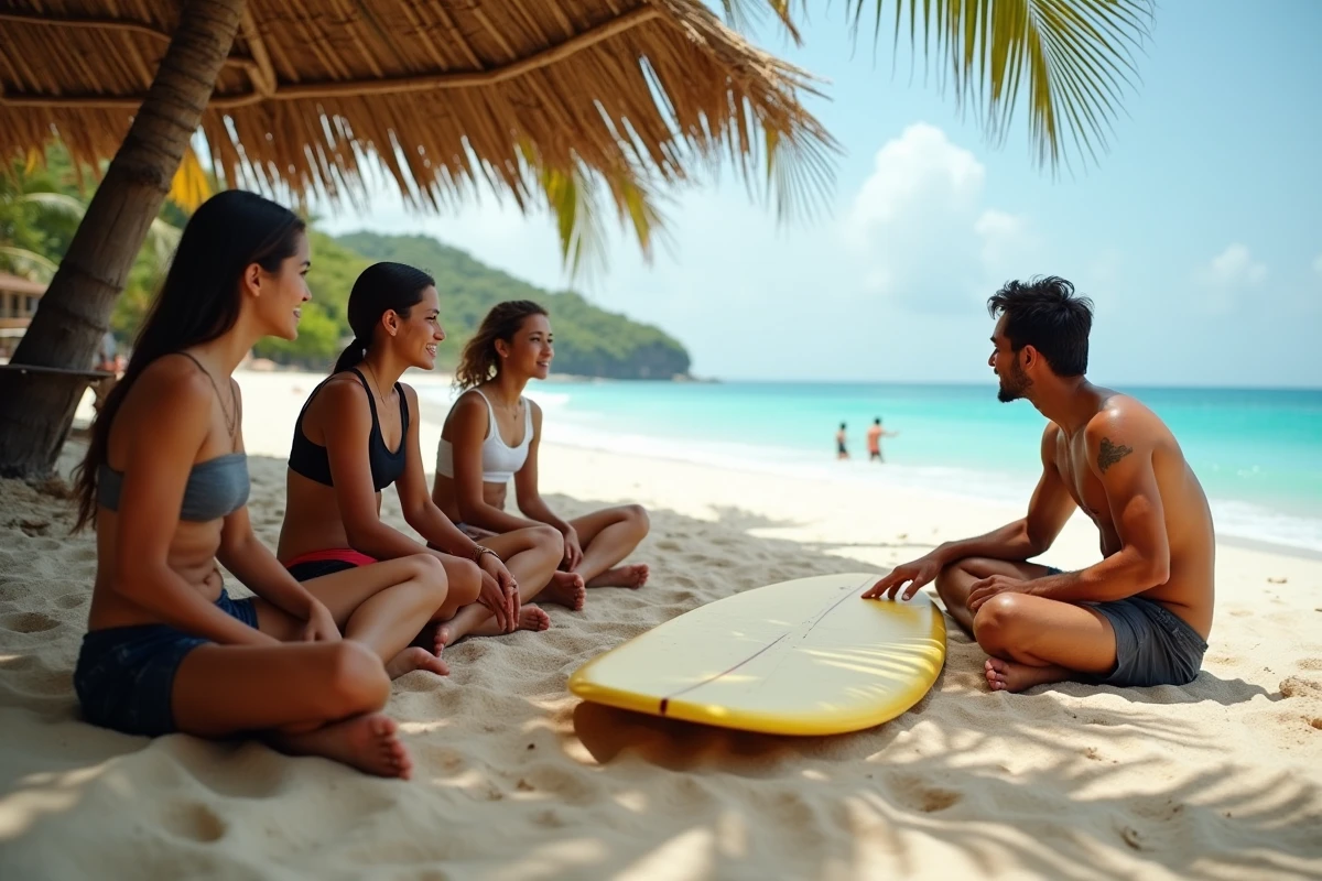 Groupe de débutants assistant à un cours de surf théorique sur la plage de Kuta Lombok avec un instructeur local