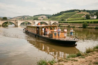Bateau de croisière fluviale naviguant sur la Garonne près de Bordeaux avec des vignobles en arrière-plan