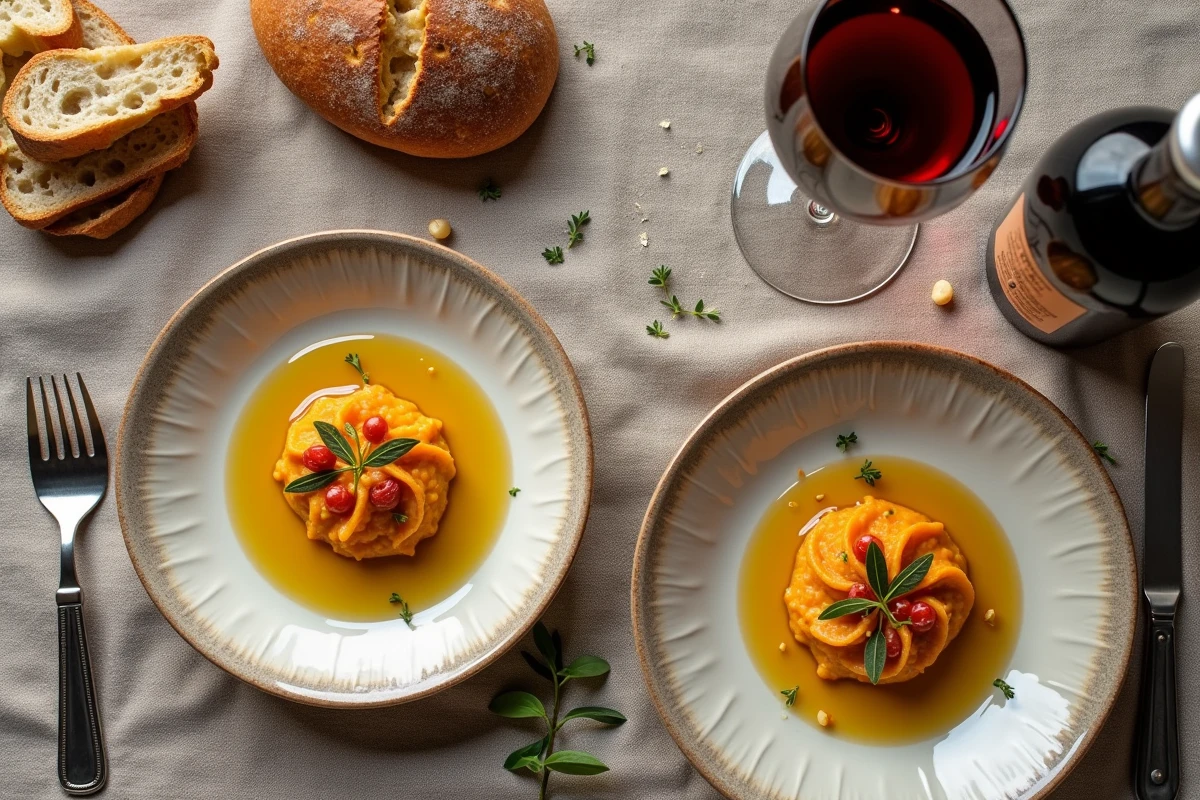 Flat-lay d'un repas apulien traditionnel avec fave e cicoria, pain d'Altamura et vin Primitivo