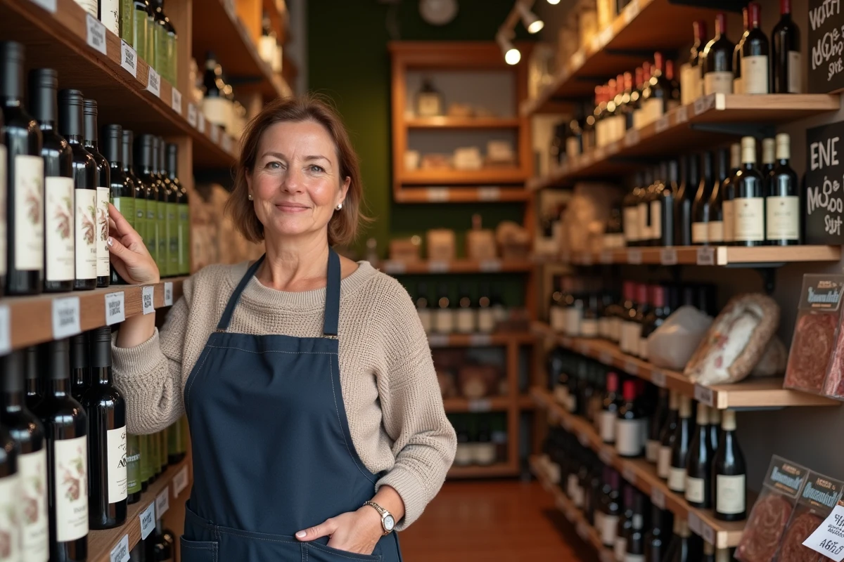 Intérieur d'une épicerie de Dancharia avec produits espagnols en promotion hors saison, commerçante arrangeant des bouteilles de vin et d'huile d'olive