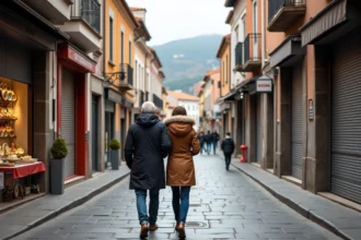 Couple se promenant dans les rues presque désertes de Dancharia hors saison en hiver, boutiques et commerces tranquilles en Espagne