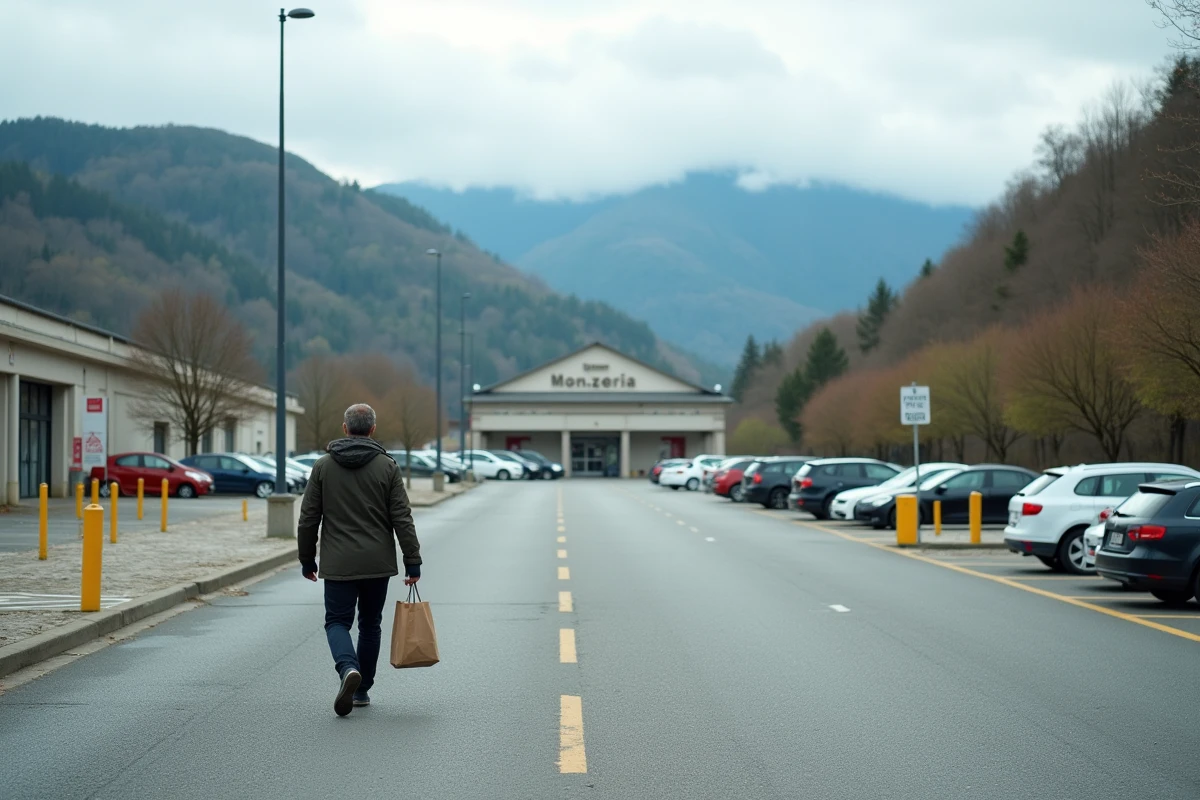 Parking quasi vide du complexe commercial de Dancharia hors saison, voyageur solitaire marchant vers les boutiques avec sac de courses