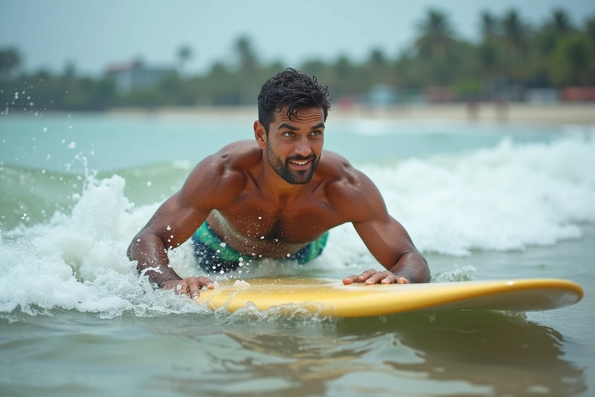 Homme débutant en surf tentant un pop-up sur une mousse dans les vagues peu profondes de la plage de Kuta à Lombok