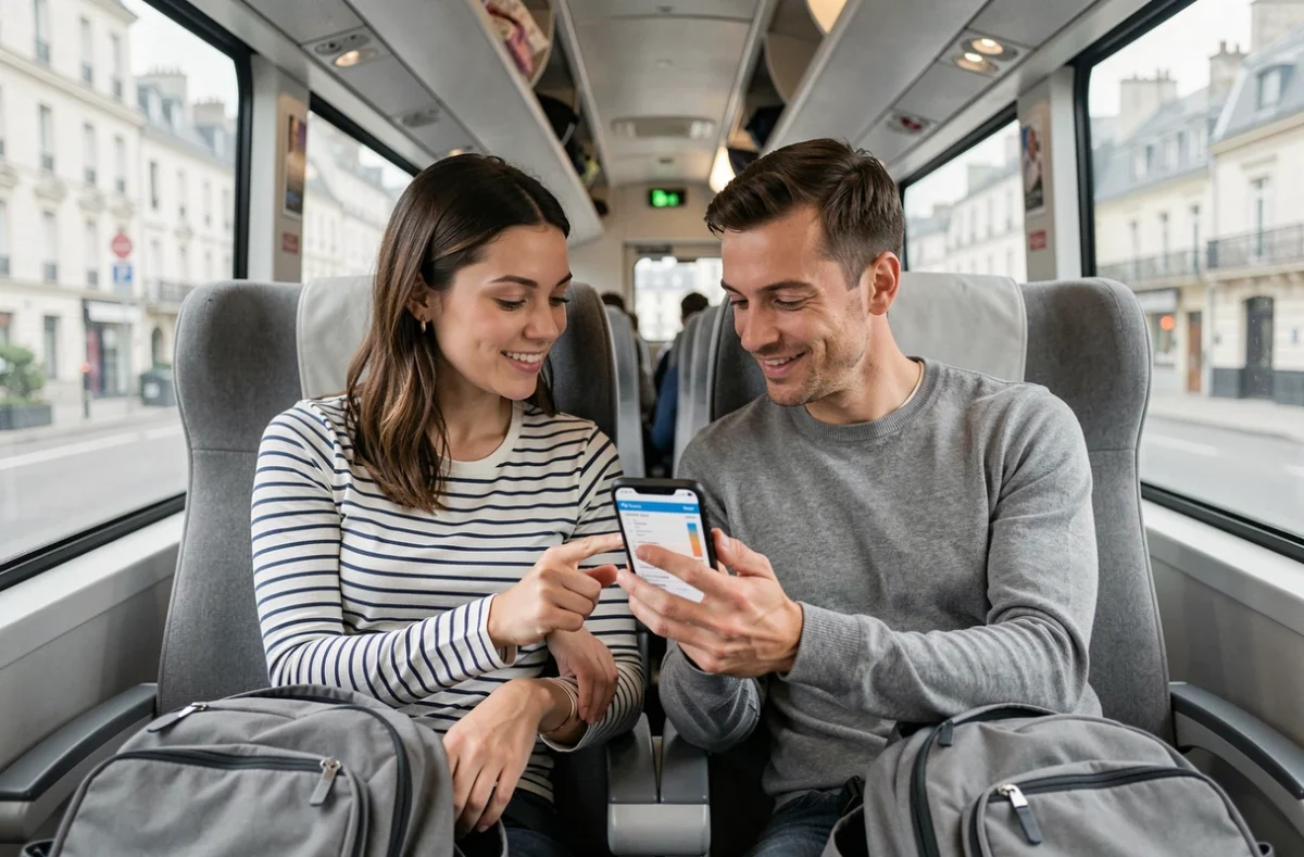 Deux voyageurs vérifiant les dimensions autorisées pour leurs bagages dans un bus interurbain français