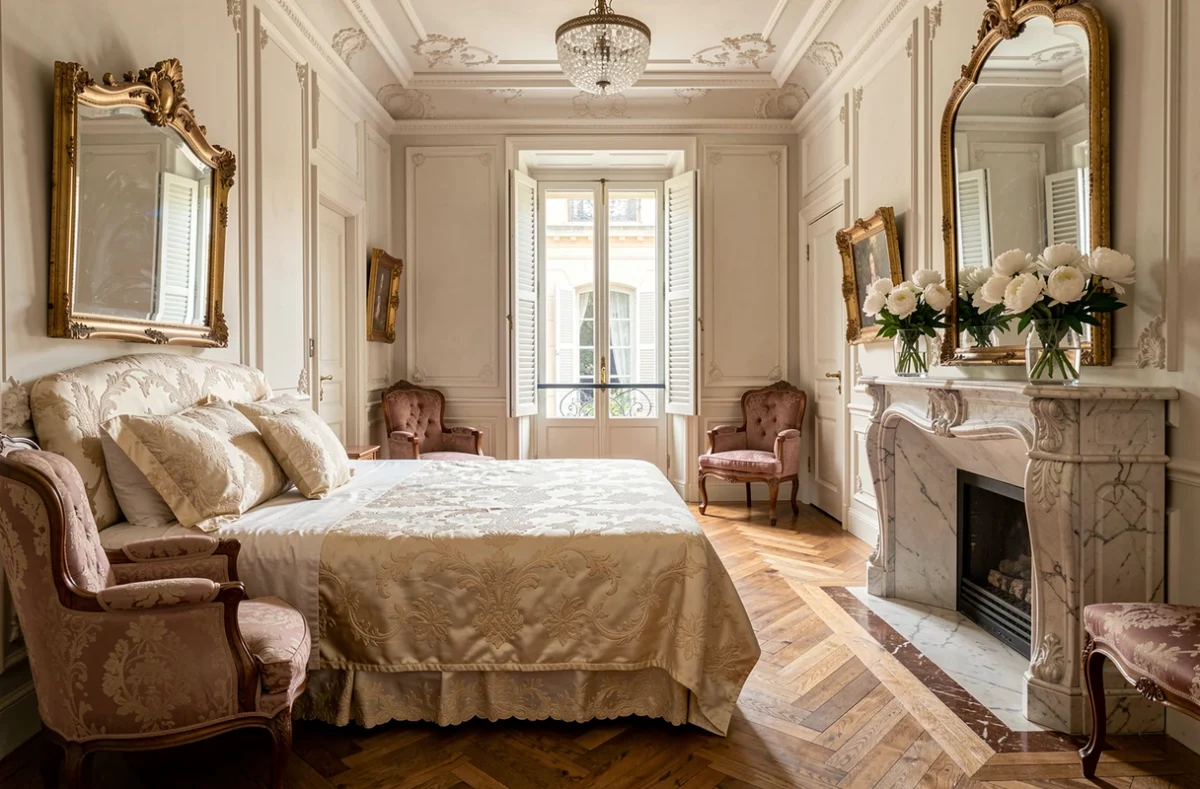 Suite luxueuse de La Divine Comédie à Avignon avec lit en soie brodée, miroirs dorés et cheminée en marbre décorée de pivoines