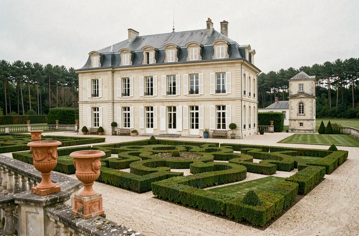 Manoir du XVIIIe siècle du Domaine de la Colombière à Boen-sur-Lignon avec jardin à la française, buis taillés et façade en pierre calcaire