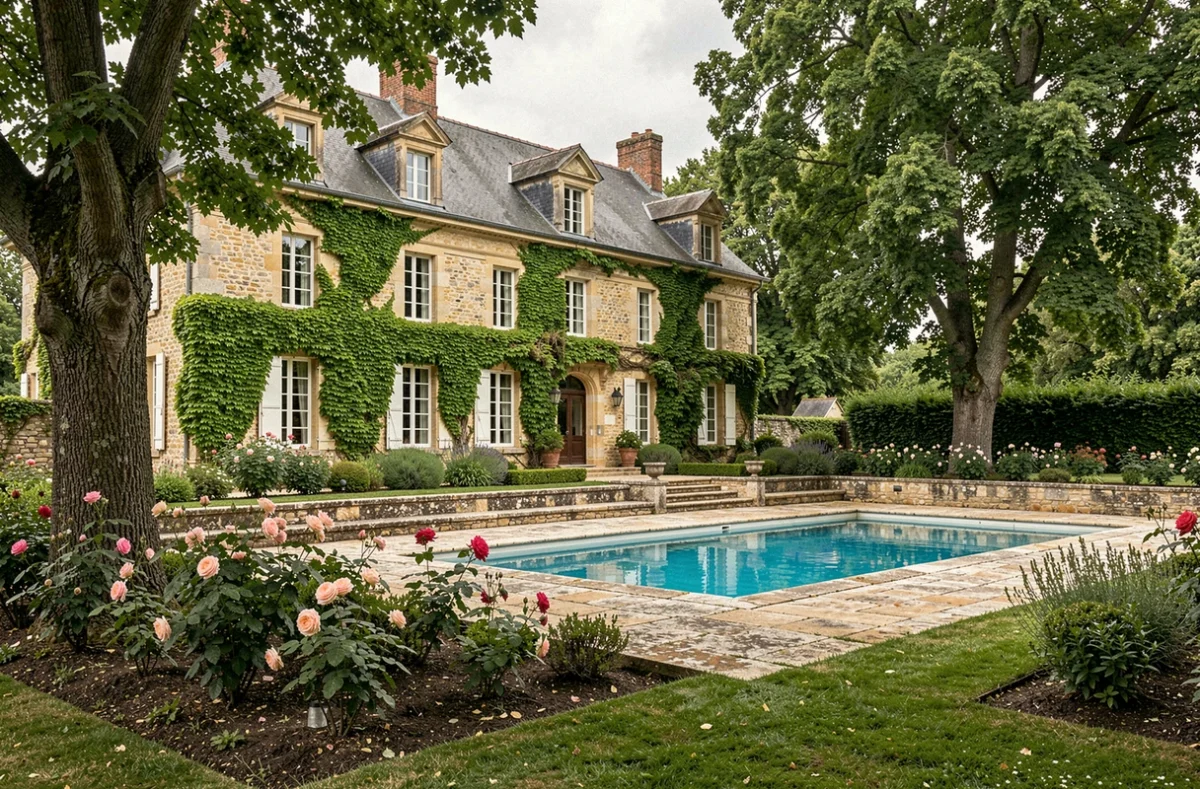 Façade en pierre du Domaine de Landrevie en Dordogne, entourée d'un jardin fleuri et d'une piscine privée
