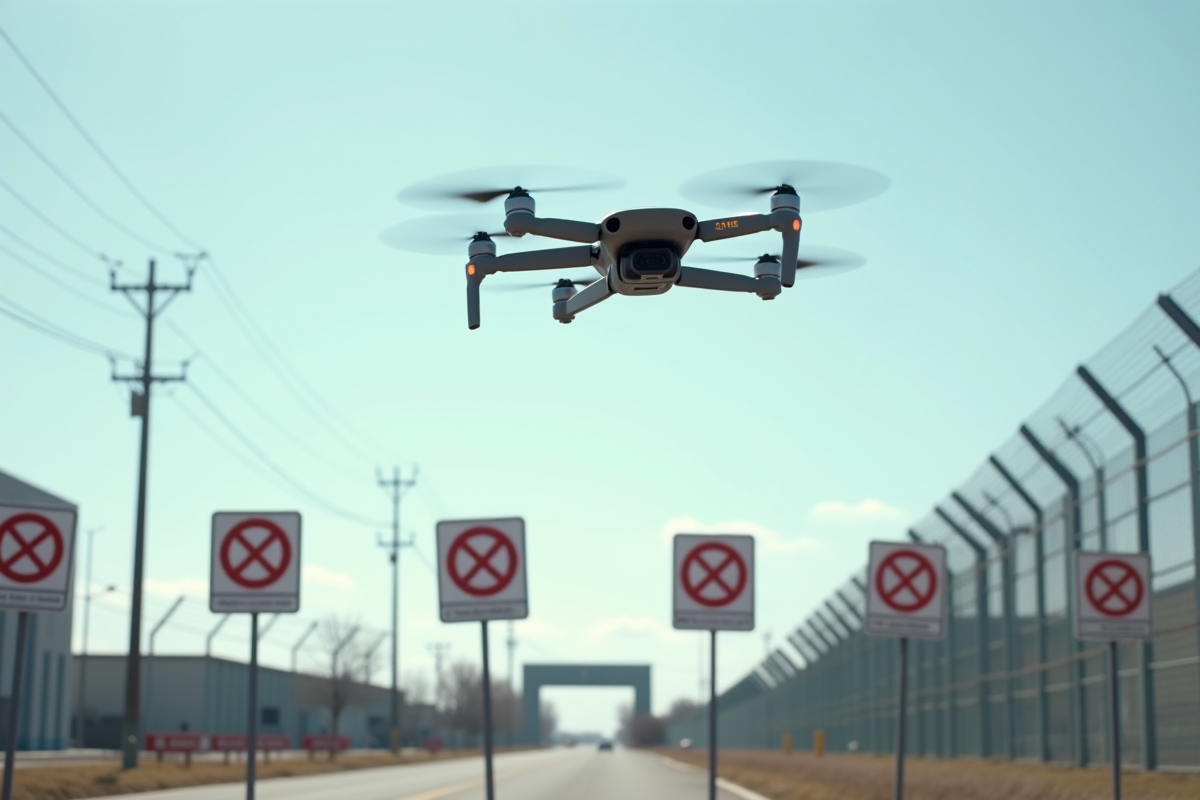 Drone survolant une zone interdite avec panneaux d'avertissement