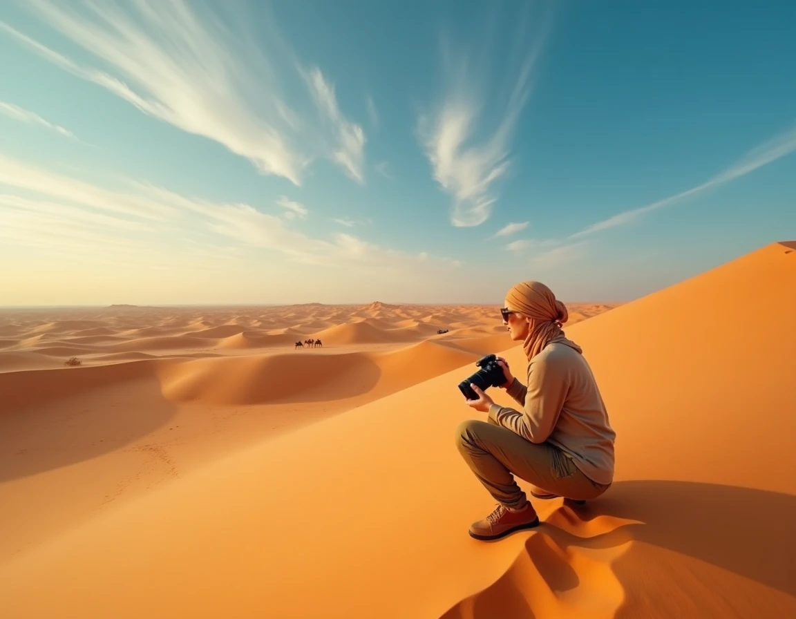 Photographe devant les gigantesques dunes de sable de Ksar Ghilane avec une caravane de chameaux en arrière-plan