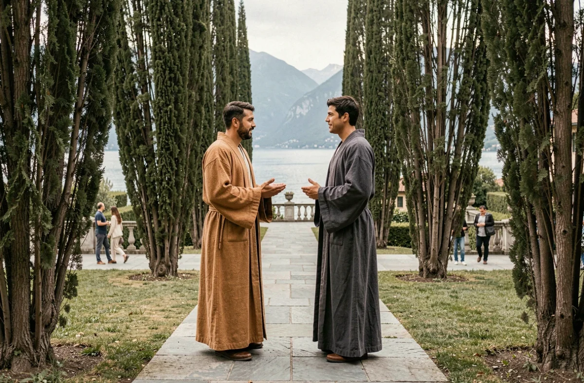 Deux cosplayeurs Star Wars face à face sur un chemin entre cyprès à la Villa del Balbianello avec vue sur le lac de Côme
