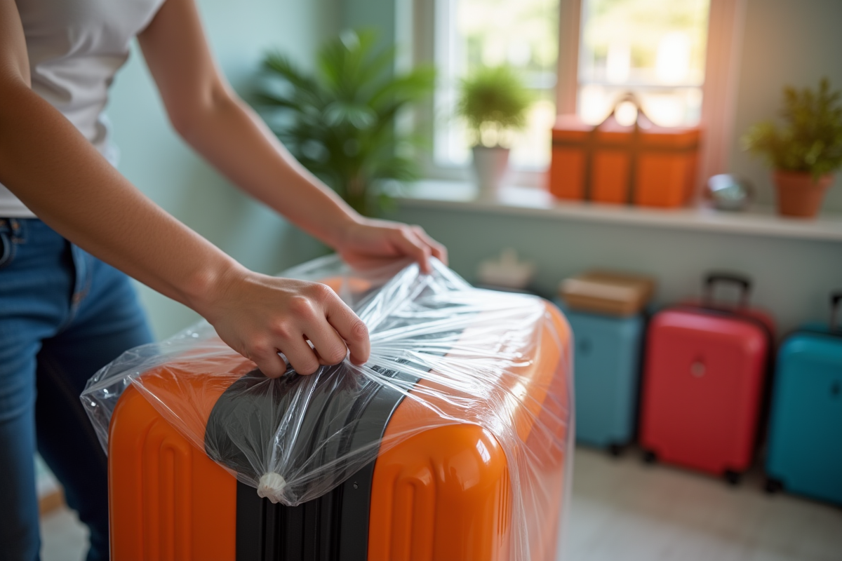 Main enveloppant une valise colorée avec film plastique à la maison