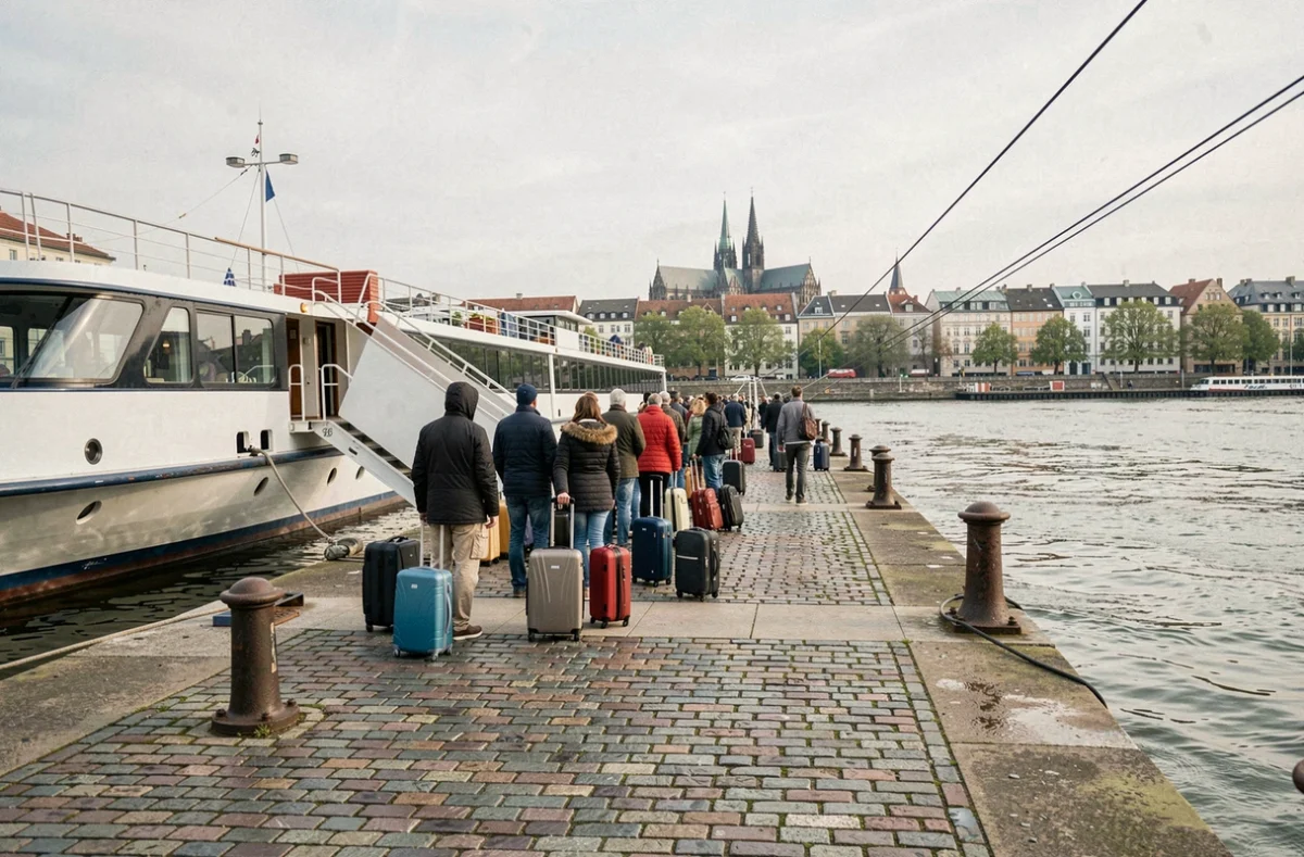 Passagers embarquant sur un bateau de croisière fluviale au quai du Rhin avec une cathédrale gothique en arrière-plan
