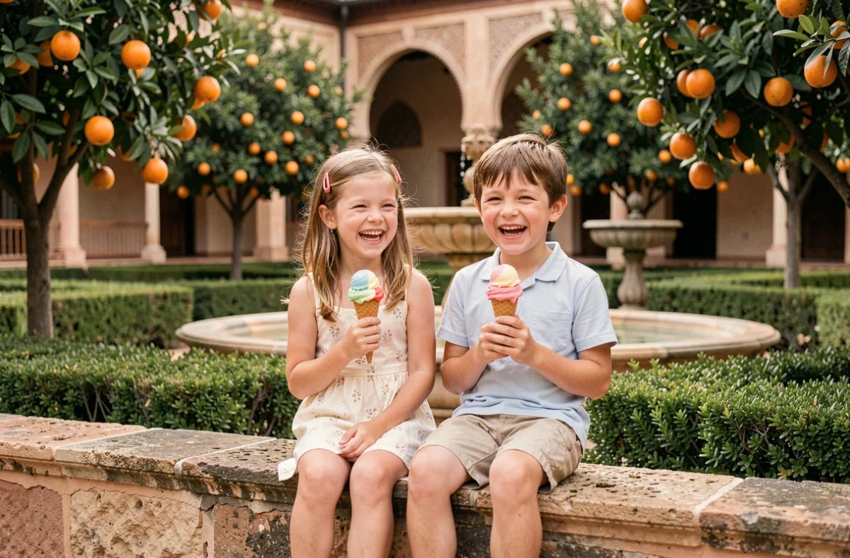 Deux enfants mangeant des glaces artisanales dans les jardins de l'Alcázar de Séville
