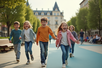 Enfants souriants jouant dans un parc urbain verdoyant