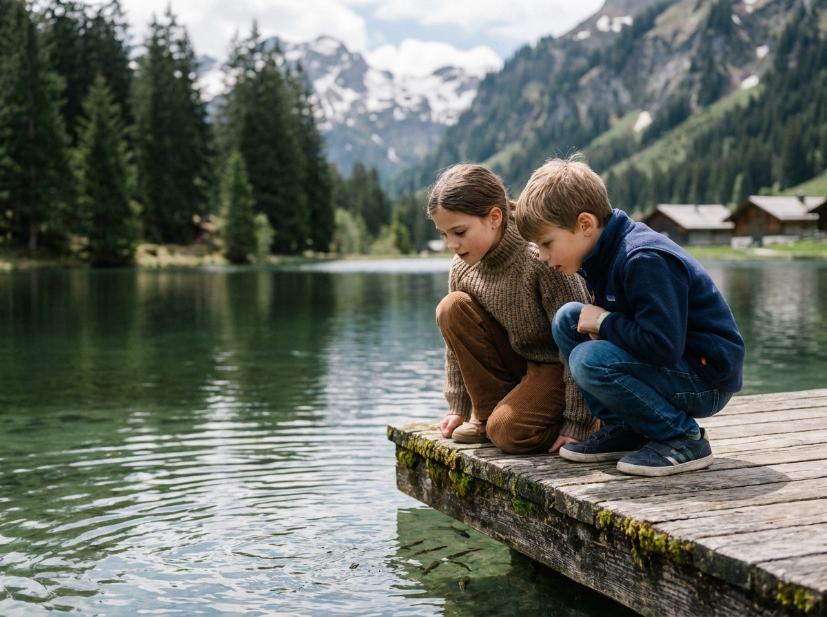 Enfants pêchant dans un lac alpin avec forêt et chalet