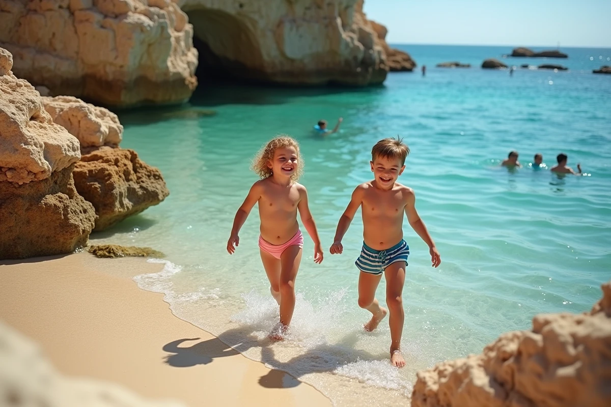 Enfants jouant sur les rochers au bord de la mer à St George's Bay, St Julian's, Malte, avec une eau turquoise cristalline