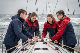 Équipage de jeunes étudiants manœuvrant un voilier de course lors de la Course Croisière EDHEC en mer agitée