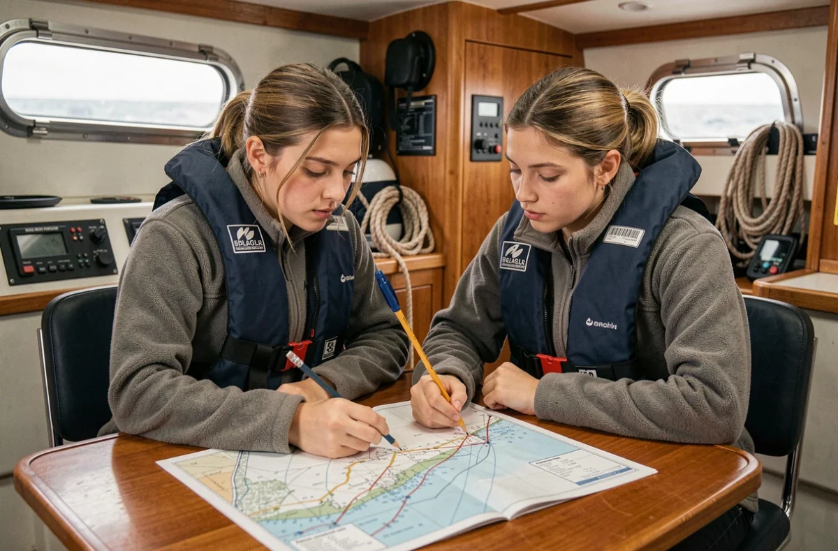 Deux étudiantes consultant une carte nautique à bord d'un voilier pendant la Course Croisière EDHEC