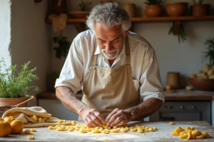 Artisan apulien façonnant des orecchiettes à la main dans une cuisine traditionnelle des Pouilles