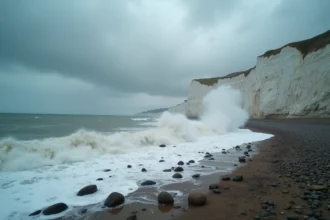 Falaises blanches d'Ault sous une tempête violente avec vagues s'écrasant sur les rochers en Normandie