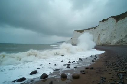 Falaises blanches d'Ault sous une tempête violente avec vagues s'écrasant sur les rochers en Normandie