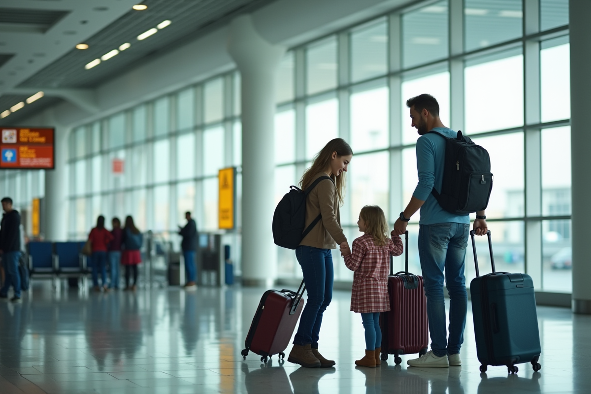 Famille vérifiant passeports dans un aéroport moderne