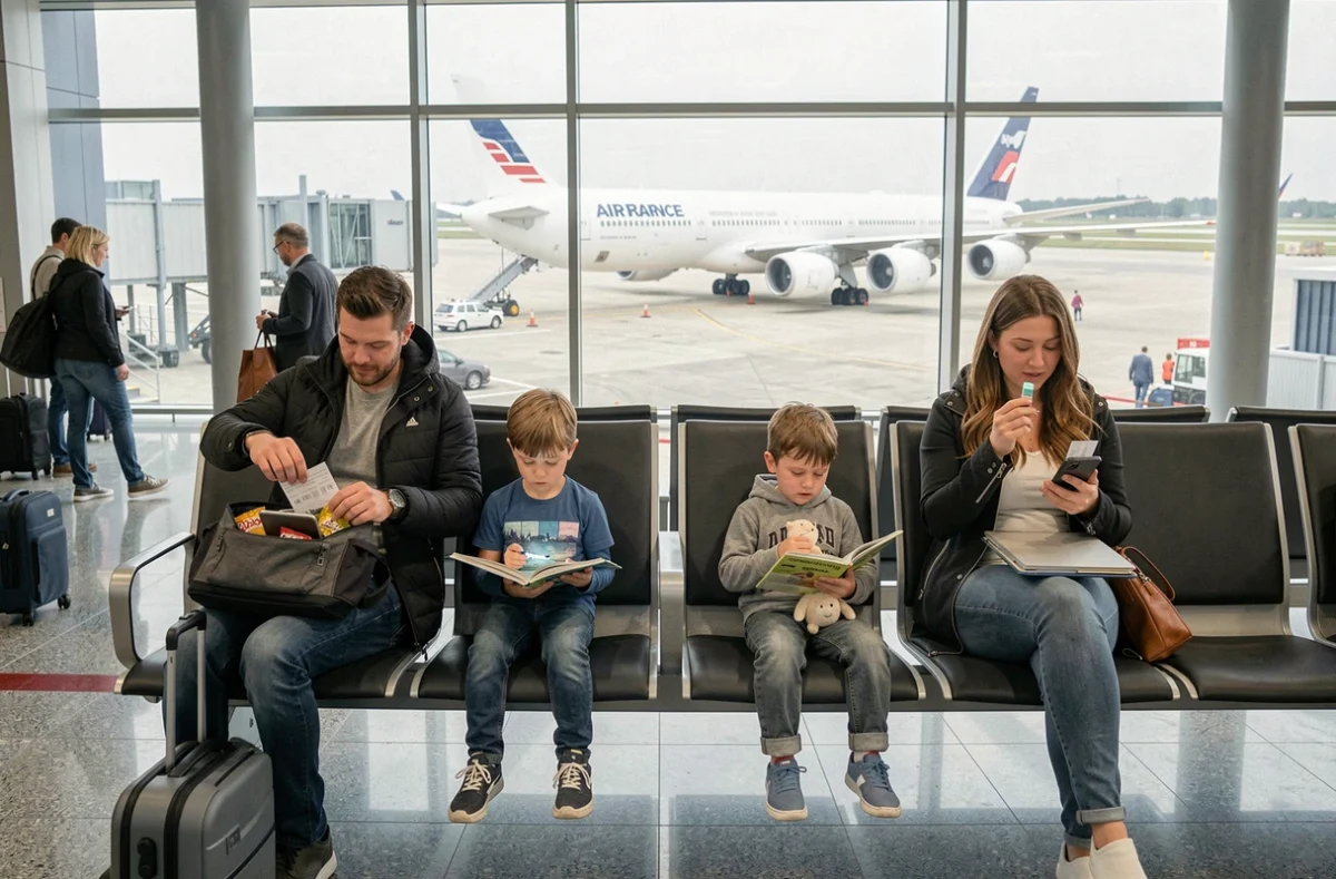 Famille avec enfants attendant l'embarquement dans un aéroport avant un vol La Réunion Paris