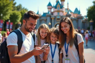 Famille devant l'entrée d'EuroDisney avec smartphone