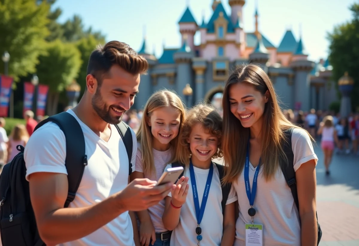 Famille devant l'entrée d'EuroDisney avec smartphone