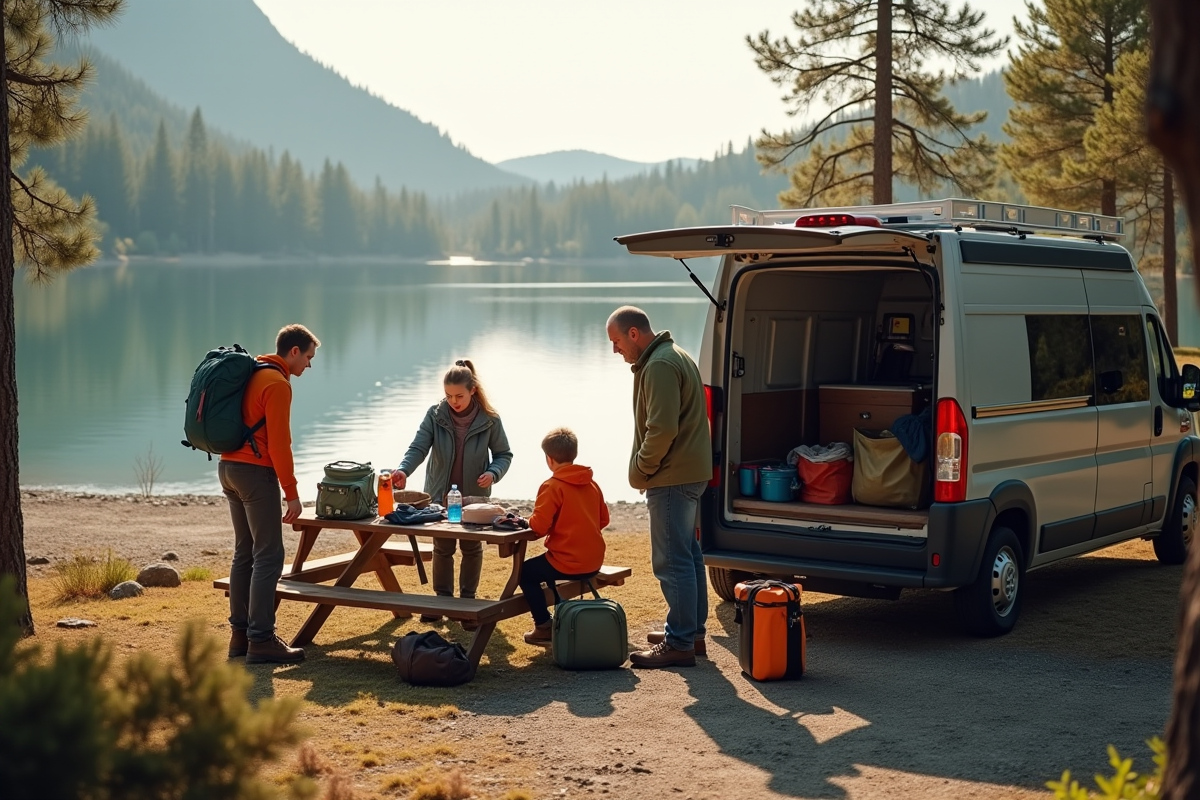 Famille déballant des affaires au bord du lac